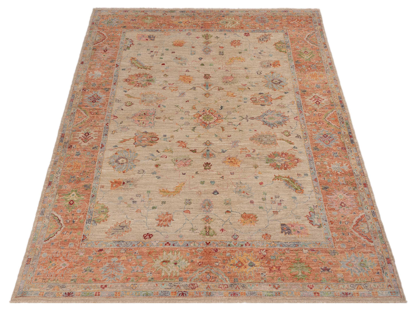 Authentic Angora Oushak Seyyal Ivory Pink Traditional Hand Knotted Rug