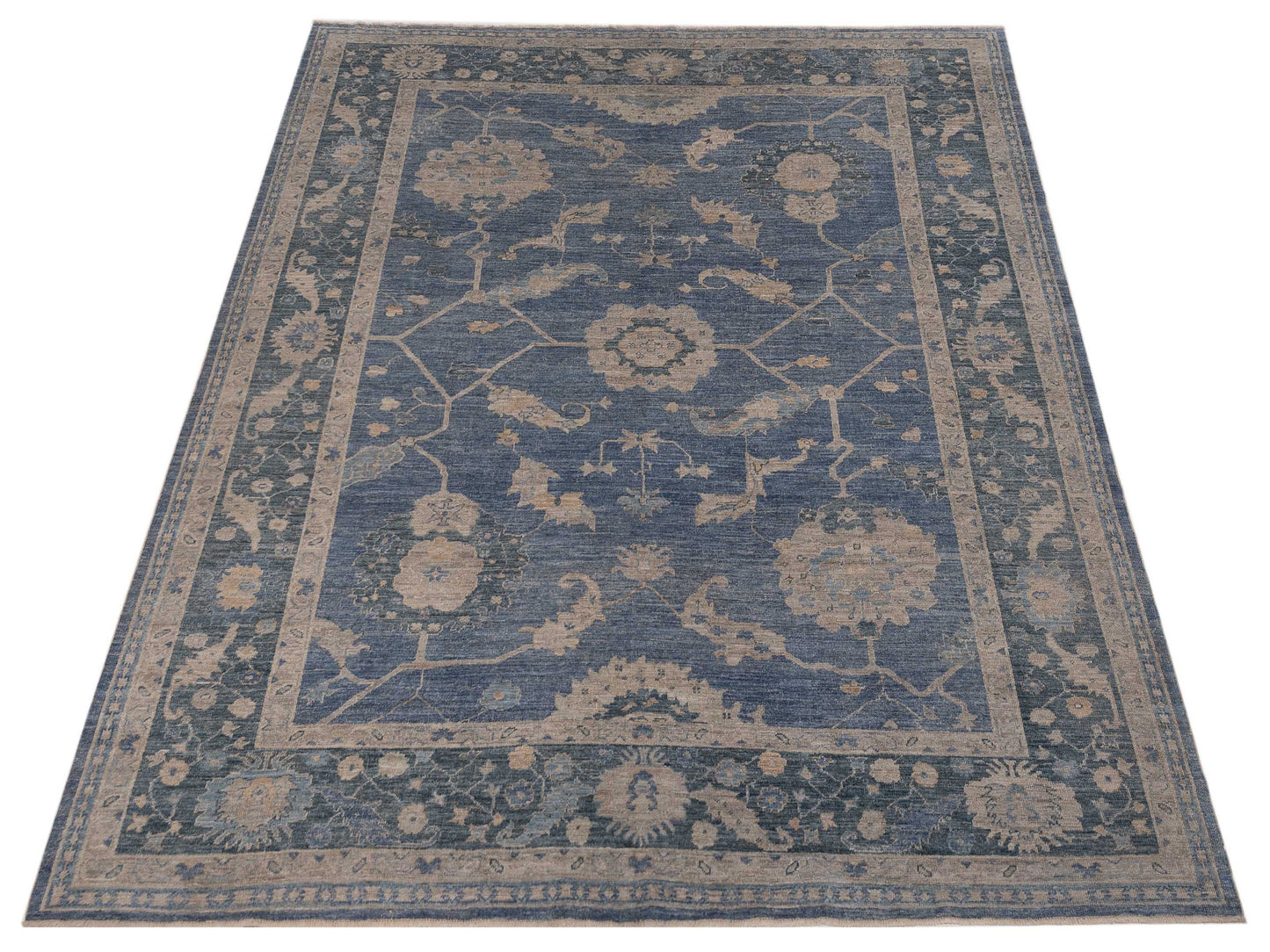 Authentic Angora Oushak Muge Blue Dark Blue Traditional Hand Knotted Rug