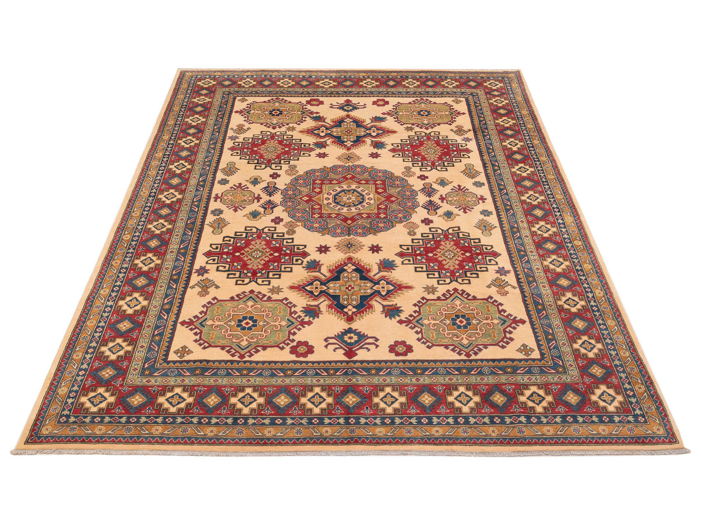 Nomad Kazak 151922 Ivory Red Tribal Hand Knotted Rug