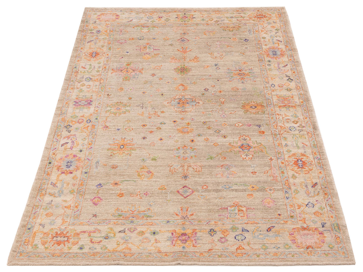 Authentic Angora Oushak Handan Beige Beige Traditional Hand Knotted Rug