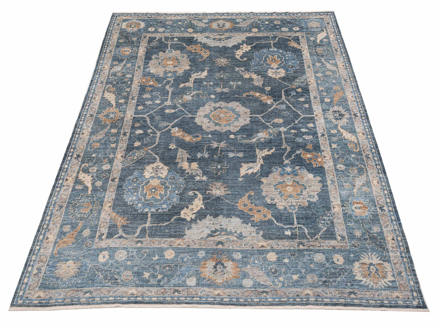 Authentic Angora Oushak Muge Blue Dark Blue Traditional Hand Knotted Rug