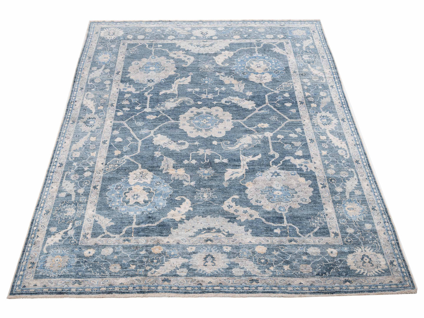 Authentic Angora Oushak Muge Blue Dark Blue Traditional Hand Knotted Rug