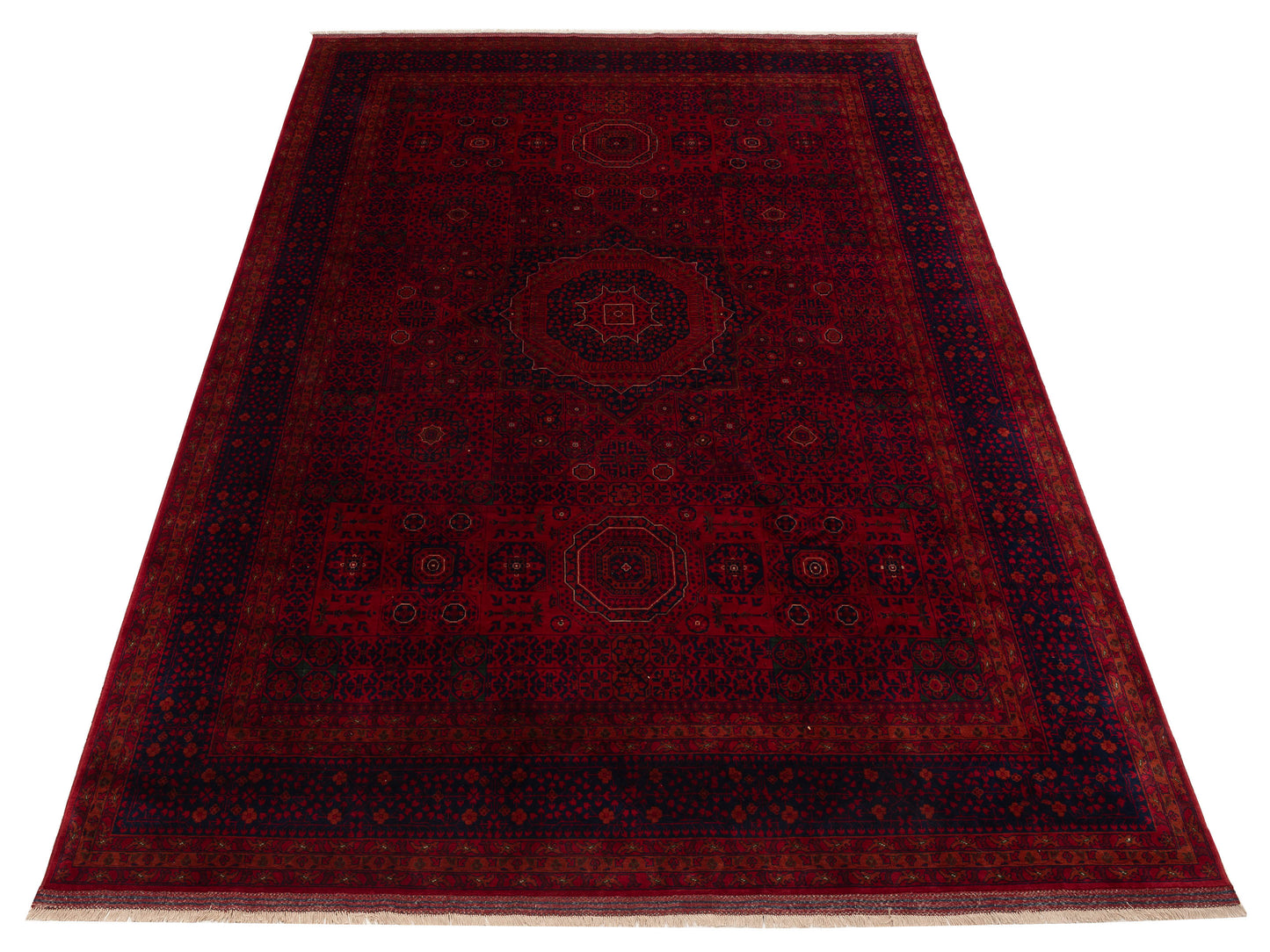 Nomad Afghan Belcik 153574 Red Navy Tribal Hand Knotted Rug