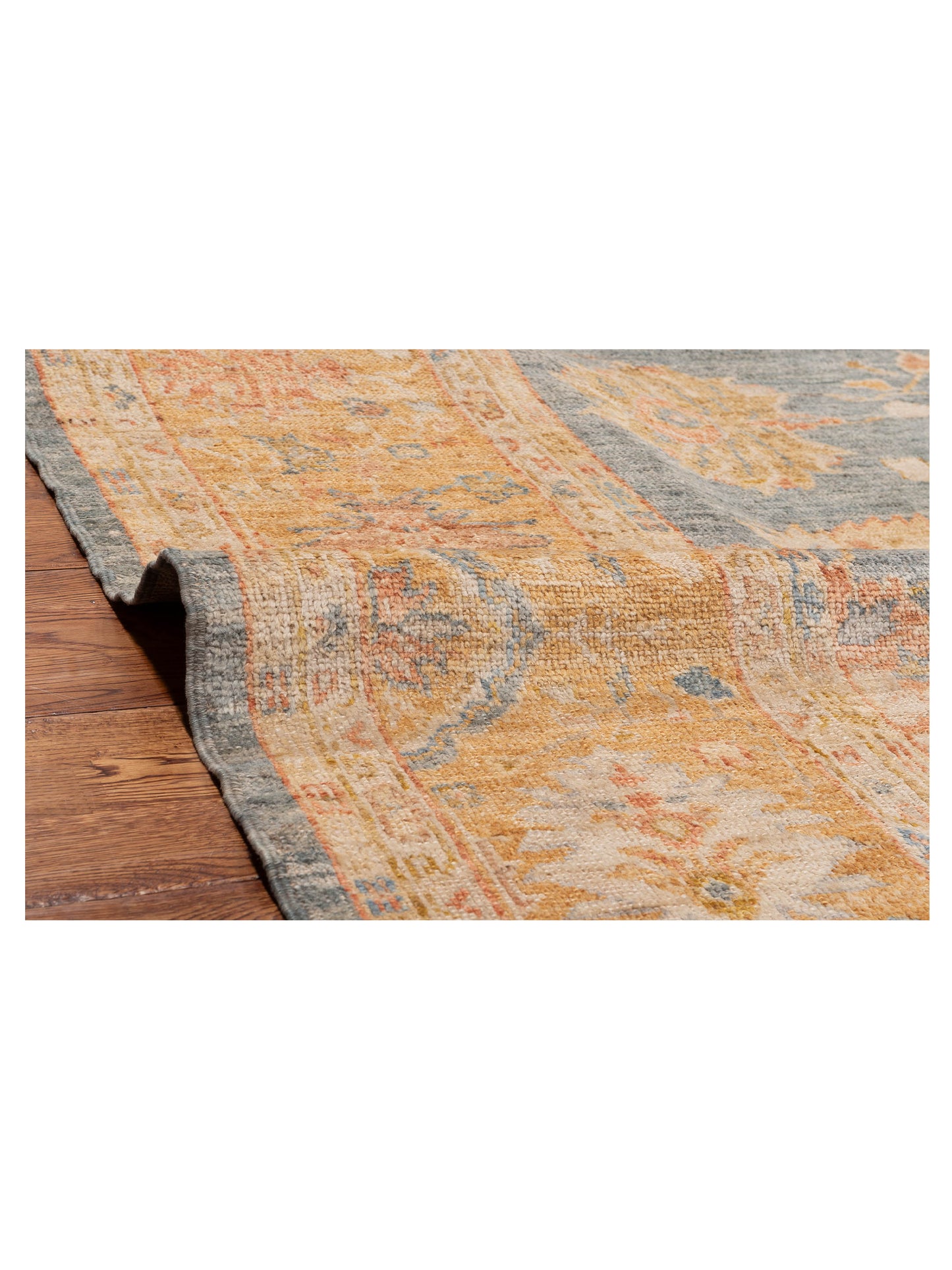 Authentic Angora Oushak Seyyal Blue Orange Traditional Hand Knotted Rug