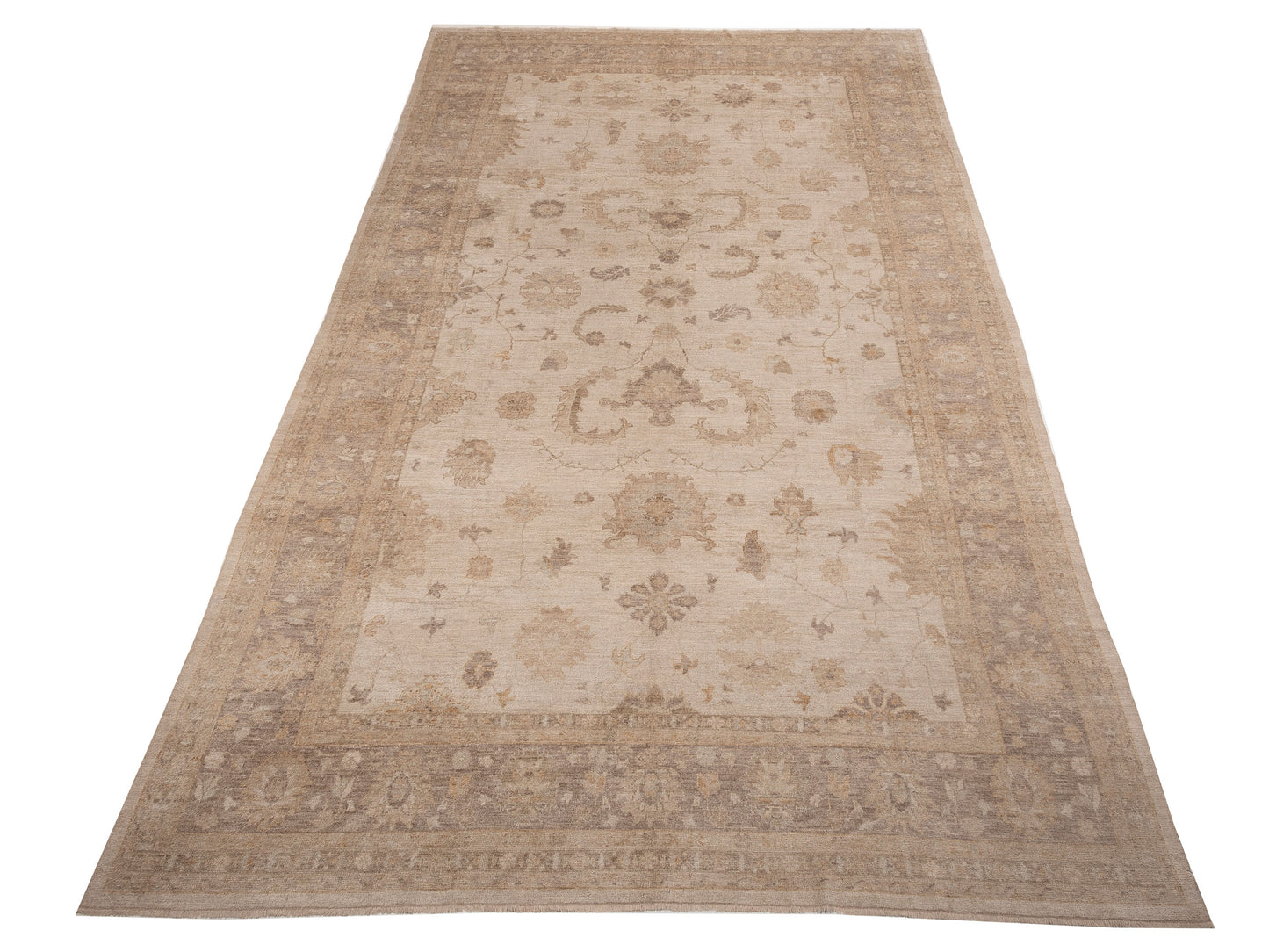 Authentic Angora Oushak Leyla Beige Brown Traditional Hand Knotted Rug