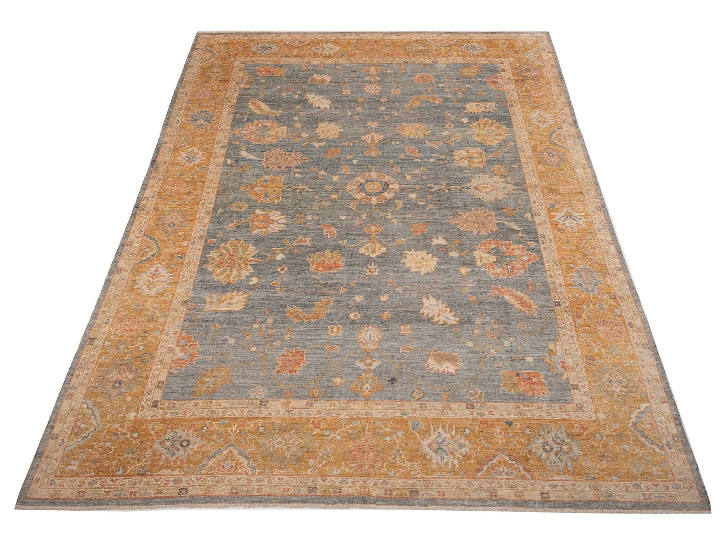 Authentic Angora Oushak Seyyal Blue Orange Traditional Hand Knotted Rug